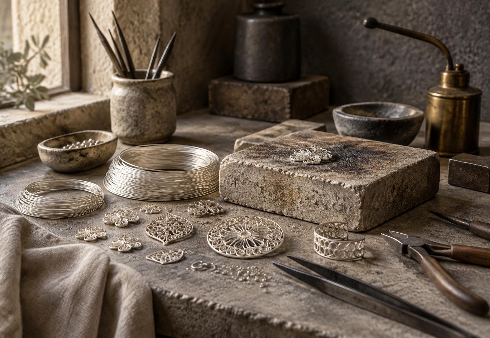 Silver wire, tools and unfinished filigree components in a workshop